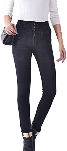 Maiyifu-GJ מותניים גבוהים מותניים נמתחים ג'ינס רזים רזים מתאימים 4 מכנסי ג'ינס כפתורים צבע אחיד הרמת ג'ין