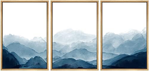 סימן ממוסגר בד הדפסת קיר אמנות כחול צבעי מים הרים בערפל טבע במדבר איורים מודרני אמנות כפרי סניק