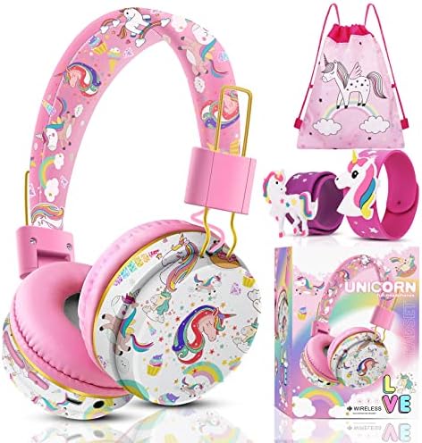 אוזניות Qearfun חד קרן לילדי בנות לבית הספר, אוזניות Bluetooth לילדים עם מיקרופון וג'ק 3.5 ממ, Teented