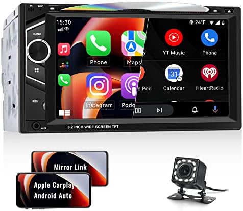 סטריאו לרכב כפול עם נגן CD/DVD Apple Carplay Android Auto, 6.2 '' מסך מגע Bluetooth Rac מקלט שמע עם קישור מראה,