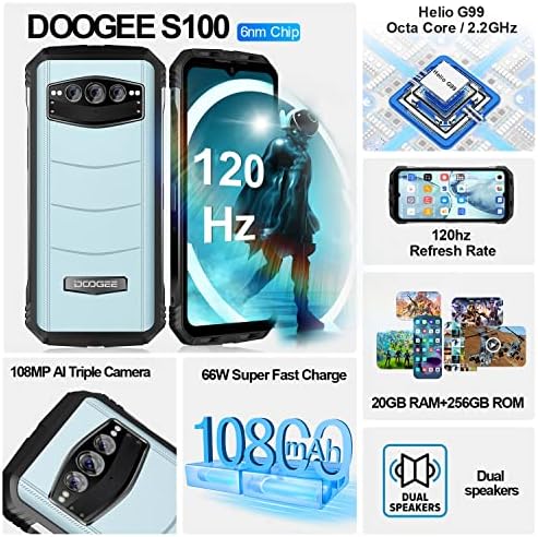 DOOGEE S100 סמארטפון מחוספס, 20GB+256GB כפול 4G משחק טלפונים מחוספסים לא נעולים, 120 הרץ 6.58 טלפון