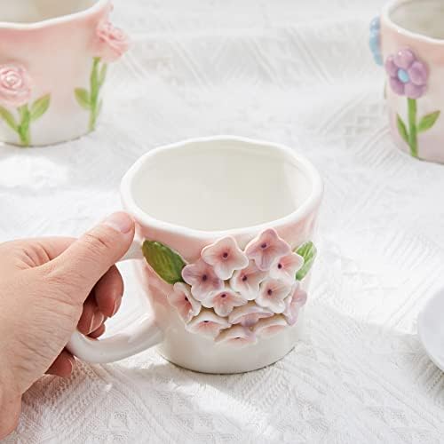 Szoyeay 3D פרח קפה ספל ספל קרמיקה חמניות צבעוניות, 12 גרם ספלים חמודים בעבודת יד, הפתעת יום הולדת לחג