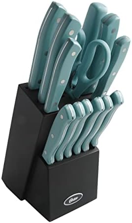 אוסטר אוונסוויל 14 יח 'סט סכו ם סכין מטבח מנירוסטה עם ידיות טורקיז ובלוק גומי שחור