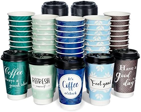כוסות קפה חד פעמיות בבמניץ ' עם מכסים 16 אונקיות, 50 חבילות כוסות קפה נייר בעלות קירות כפולים