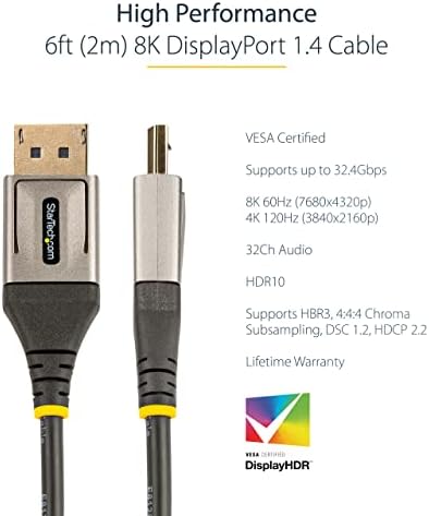 Startech.com 6ft vesa Certified DisplayPort 1.4 כבל - 8K 60Hz HDR10 - Ultra HD 4K 120Hz וידאו