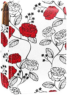 אדום חלק דפוס ורד שפתון שפתון מחזיק תיק איפור נייד חמוד עם מראה לכיס ארנק לוקח עד 3 שפתון