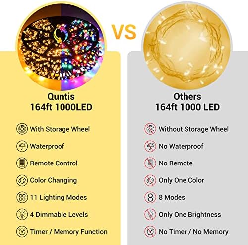 QUNTIS 164ft 1000 LED אורות חג המולד משתנים צבע חיצוני, 11 מצבים וטיימר פלאט אורות מיתר חג המולד,