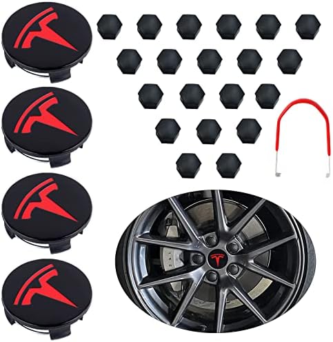 4 יחידות ערכת כובע מרכז גלגל אדום שחור וכיסוי אגוזי האגודה התואמים לדגם טסלה 3/y/s/x