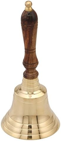 פליז בעבודת יד בנג'ארה בפעמון יד 9 אינץ 'עם ידית עץ, זהב וחום