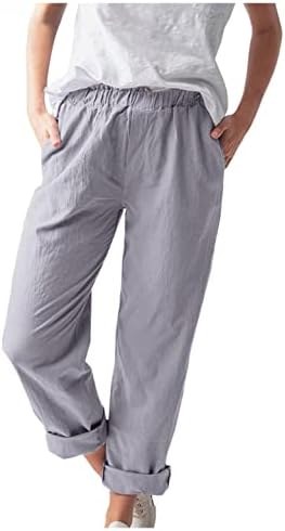 מכנסי פשתן כותנה של ג'אואר מכנסיים מותניים אלסטיים מכנסי רגל רחבים קיץ מכנסיים רופפים מזדמנים מוצקים עם כיסים קלים
