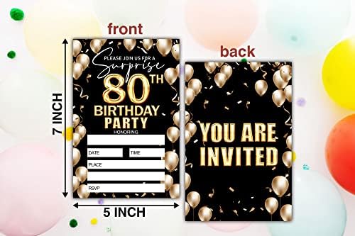 הזמנה ליום הולדת 80 - הזמנת יום הולדת שחור וזהב - הזמנת יום הולדת רעיונות לאישה וגבר בוגרים - 20 כרטיסי