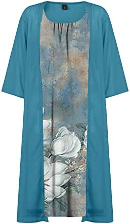 שמלות לנשים 2023 רופף בכושר שיפון סקופ צוואר הדפס פרחוני MIDI SUNDRESS 2 חלקים קוקטייל קרדיגן סט שמלת