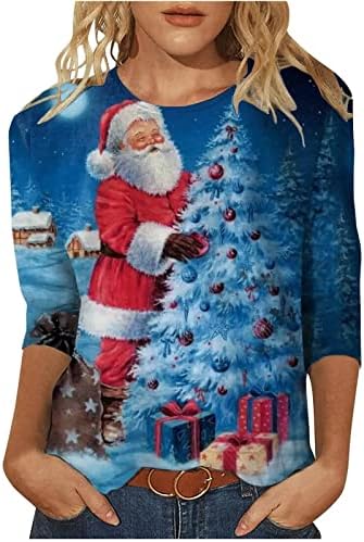 נערות נוער שלג סנטה קלאוס הדפסה רופפת צמרות צווארון קרקע חולצות 3/4 חופשת שרוול צמרות טרקלין חג המולד W5