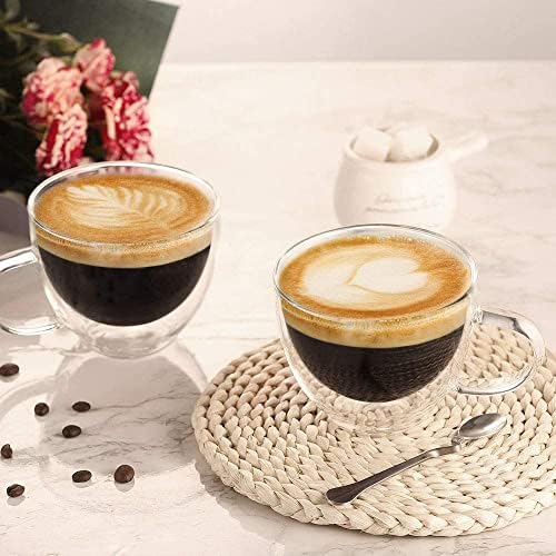ספל קפה זכוכית עם קירות כפולים 12 עוז כוסות קפוצ ' ינו לאטה סט של 2, כוסות קפה מזכוכית שקופה עם ידית, כוס קפה