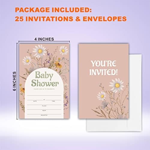הזמנות למקלחת לתינוקות של גוקסין - רטרו דייזי, פרחים - 25 כרטיסי הזמנה דו צדדי עם מעטפות - מקלחת לתינוקות