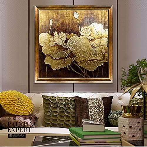 צביעת שמן מצוירת ביד מרקם זהב לוטוס - צמח פרחי רטרו ריבוע מודרני ביצירות אמנות בקיר בגודל גדול על