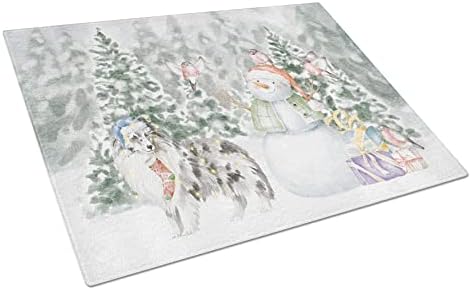 שלטי / שטלנד רועים כחול מרל עומד עם חג המולד מציג זכוכית חיתוך לוח גדול