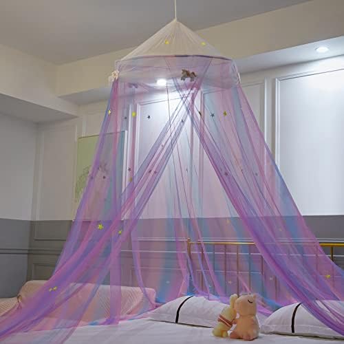 מיטת פיובי חופה לבנות וילונות מיטת חופה וילונות יתושים עיצוב חדר נסיכה נטו עם כוכבים לחדר שינה לילדים לילדים, סגול