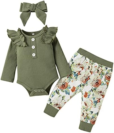 דמוהוני בנות תינוקות הדפס פרחים בגדים סטורים שרוול תלבושת חמודים מכנסיים עליונים מוגדרים עם סרט 0-3M