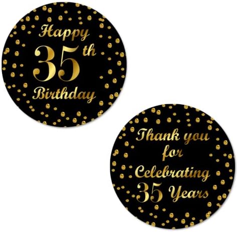 35 יום הולדת עגול 2 אינץ גדול מבריק מדבקות, תודה לך על חוגג 35 שנים שחור וזהב תוויות, נהדר עבור המפלגה טובות,