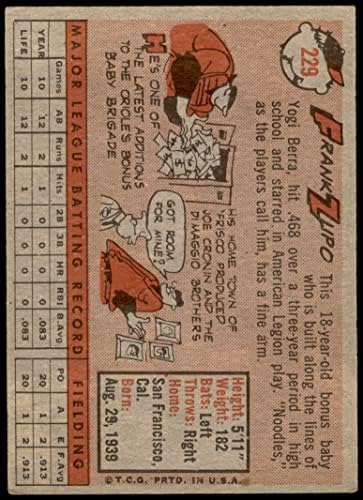 1958 Topps 229 Frank Zupo Baltimore Orioles VG/Ex Orioles
