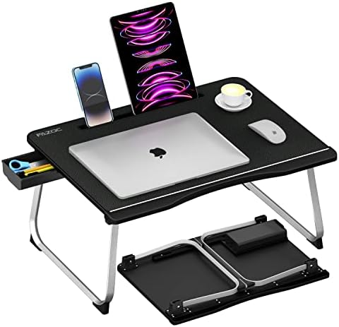 שולחן מחשב נייד למיטה, Fazoc יציב מגש מיטה מתקפל שולחן עור PVC עם רגלי אלומיניום, מגירת אחסון וכרטיסים