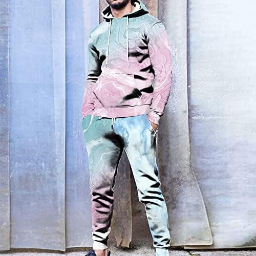 עניבת אימונית לגברים של ABABC צבע 2 חלקים תלבושות אופנה ענני הזעה קפוצ'ון הדפס עם מכנסי ריצה לכיס