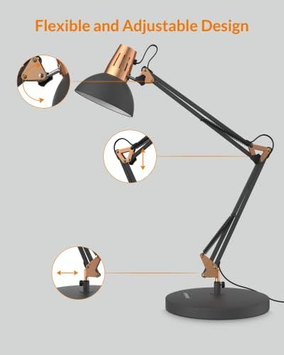 מנורת שולחן מתכת כוח, מנורת שולחן אדריכל צוואר אווז מתכווננת עם מתג הפעלה / כיבוי, מנורת שולחן זרוע נדנדה עם