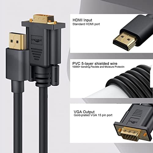 HDMI ל- VGA כבל 10 רגל, מחשב מצופה זהב 5-חבילות HDMI ל- VGA צג מתאם כבלים זכר למלוקורד למחשב,