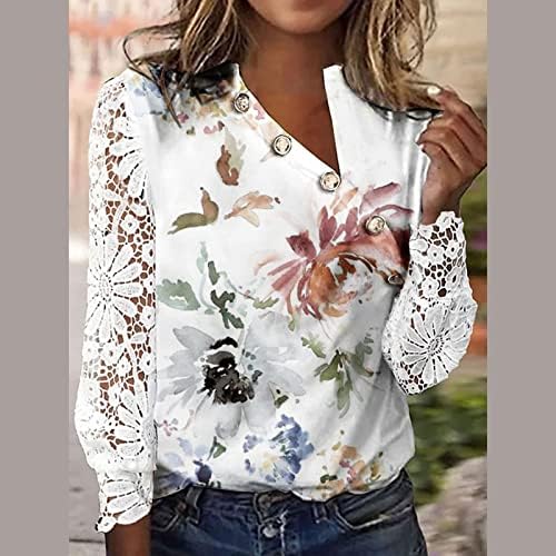 צמרות ונשים חולצות אופנה מגזרת תחרה שרוולים ארוכים כפתור למעלה V-Neck Plus בגודל חולצות פרחים חולצות