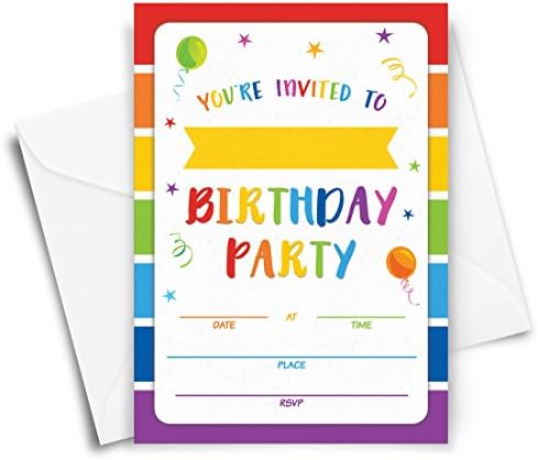 מודפס מסיבת יום הולדת לילדים, קשת, 20 הזמנות ומעטפות