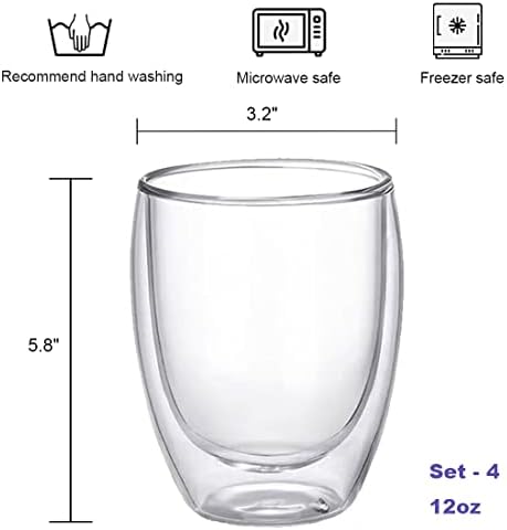כוסות קפוצ ' ינו זכוכית קיר כפול סט ספלי אספרסו של 4-8 אונקיות, מבודד, שקוף וללא עיבוי