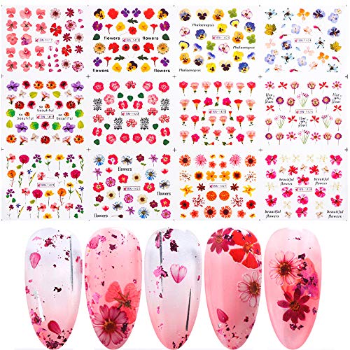 מקוטה האהבה נייל מדבקות נייל מדבקות 12 גיליונות פריחת עיצובים נייל קעקוע גולשים צבעוני העברת מים פרחים לנשים