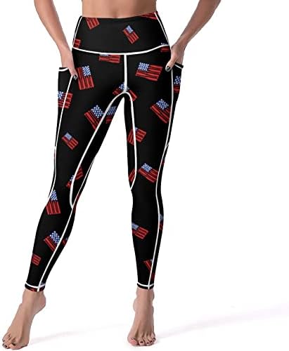 אמריקאי דגל בייסבול נשים של יוגה חותלות הדוק יוגה מכנסיים בטן בקרת אימון מכנסיים עם כיסים