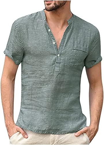 חולצות לגברים קיץ מזדמן קצר שרוול סטנד צוואר אופנה מוצק צבע פשתן קומפי כיסי כפתורים בסוודרים חולצות