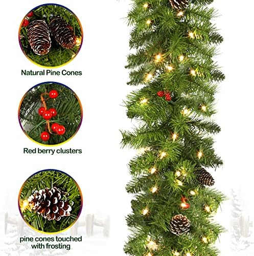 Hykolity 9 ft. זר חג מולד מלאכותי עם 100 אורות לבנים חמים, זר חג מולד מואר לפני דלתות, חלונות, מנטלי אח, גדר או
