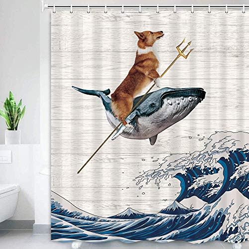 Jawo וילון מקלחת כלבים מצחיק של קורגי, הקורגי רוכב לוויתן על גלים ענקיים רקע לוח עץ כפרי, וילון מקלחת