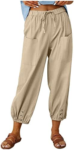 מכנסי קפרי פשתן של יארדונג לנשים שרוך אלסטיות מכנסיים מותניים גבוהים עיצוב מכנסיים מזדמנים עם כיסים