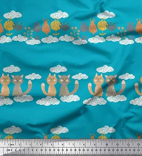 סוימוי כותנה וואל בד פרחוני, עננים & חתול ילדים הדפסת בד על ידי חצר 56 אינץ רחב