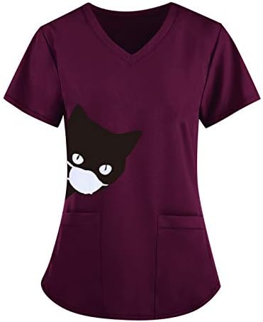 נשים טוניקת חולצות קצר שרוול צווארון סוודר אחיד מרפאת מטפל חמוד חתול הדפסת מגן בגדים עם כיסים