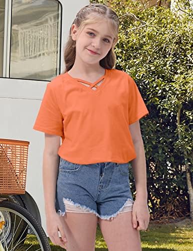 חולצות שרוול קצר מקרית בנות קיץ חולצות חולצות חולצות כותנה חולצות מוצקות בגודל 6-15 שנים