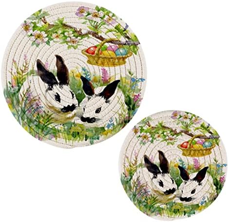 ארנבות אלזה עם ביצים צבעוניות מחזיקי סיר צבעוניים מוגדרים 2 יח ', תמציות למטבחים, חופי כותנה טריבט למנות