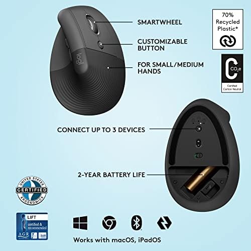 Logitech הרם עכבר ארגונומי אנכי, אלחוטי, Bluetooth או Logi Bold מקלט USB, לחיצות שקטות, 4 כפתורים, תואמים ל-