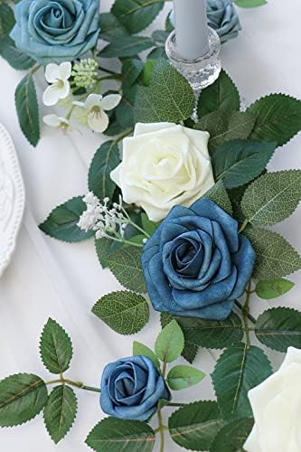 פונטיה 5ft בעבודת יד גרלנד פרחי ורדים מלאכותיים, פרחים כחולים מאובקים זר ירק לטקס חתונה פרחי קשת תפאורה,