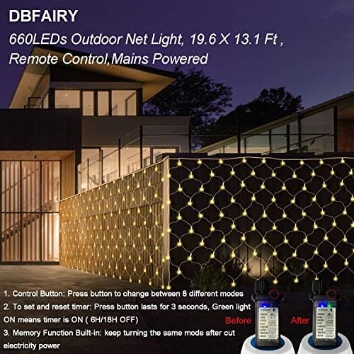 DBFairy 660 אורות רשת חג מולד אורות רשת חיצוניים אורות רשת חיצה של 19.6 x 13.1 רגל פיות שיח בהיר זיכרון לבן חם