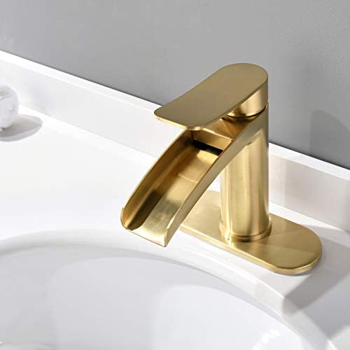 ברז מפל ידית אחת לכיור אמבטיה בגימור זהב מוברש, עם צלחת סיפון בגודל 4 אינץ', מכלול ניקוז צצים ממתכת