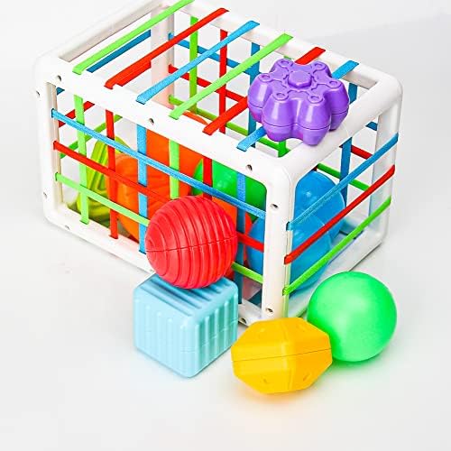 טאשיפה 12 יחידות צורה מיון צעצועים לתינוקות, צורה סדרן רצועות אלסטיות צבעוניות קופסה חושית עם כדורים