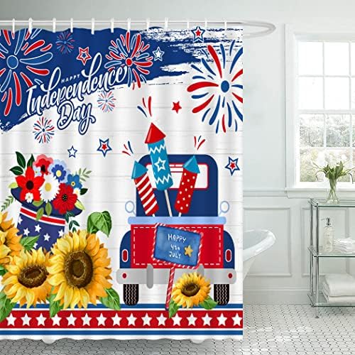 וילון מקלחת 4 ביולי, יום הזיכרון הפטריוטי יום העצמאות יום הדגל האמריקני כוכבים כחולים אדומים משאיות פרחים חמניות