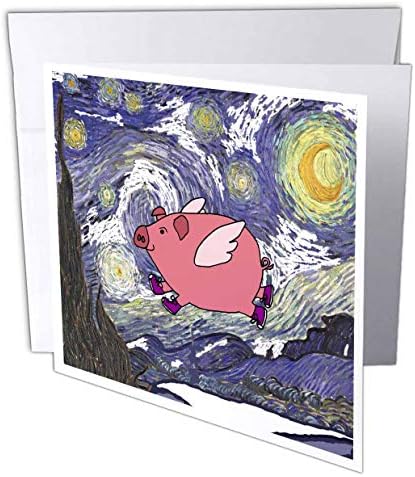3 רוז מצחיק חמוד מעופף חזיר ב ליל כוכבים ואן גוך אמנות-ברכה כרטיס, 6 על ידי 6-אינץ