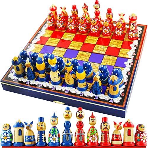סט שחמט נושא קמומיל - חתיכות שחמט מעץ בצורת בובות מטריושקה - משחקי לוח למבוגרים - סט שחמט מעץ - מתנות